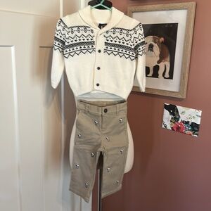 Janie and Jack | 2-piece | 6-12 mo | fair isle cardigan | Snoopy khakis